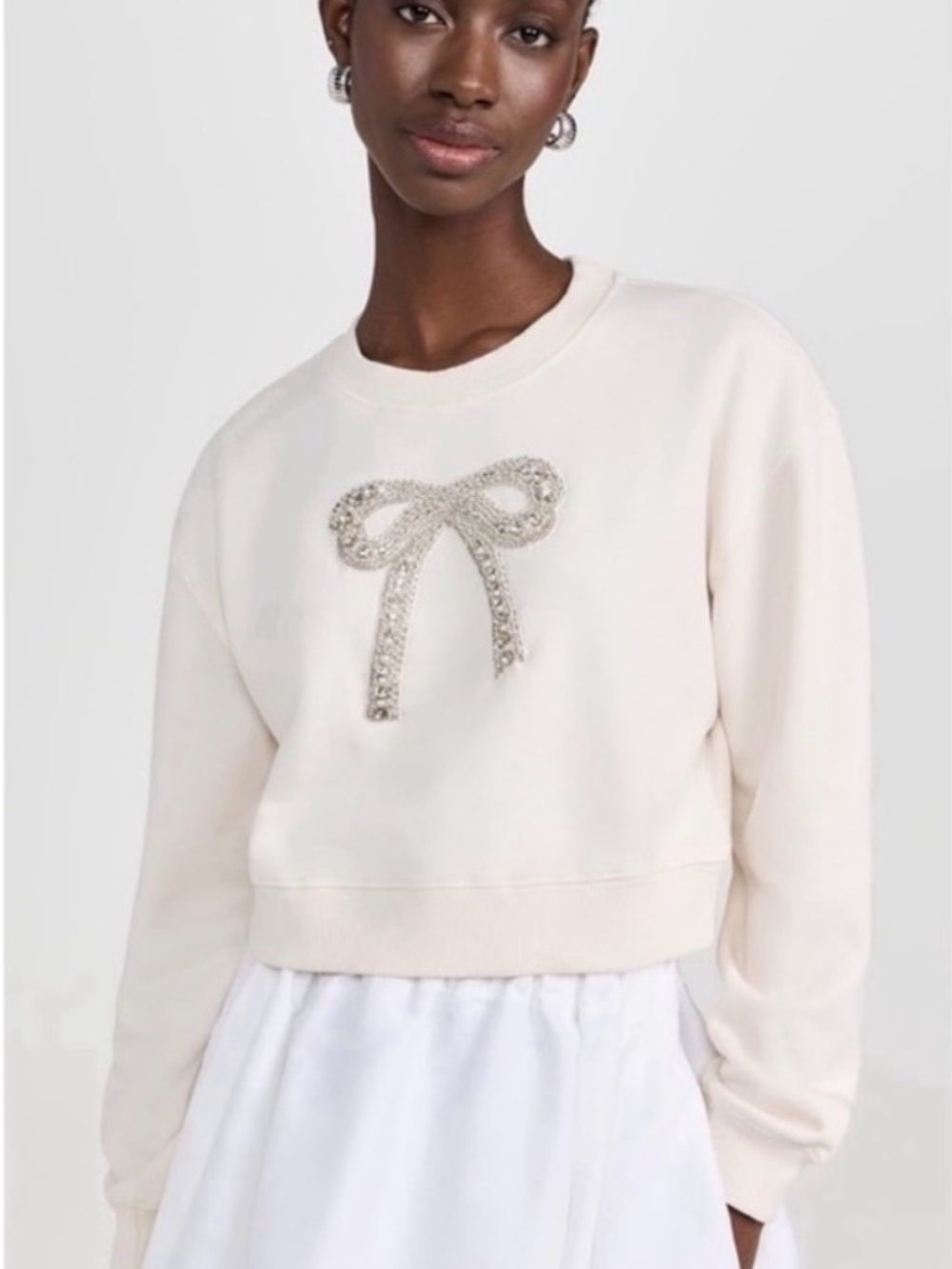 LoveShackFancy Cream Embellished Bow Crewneck Sweater